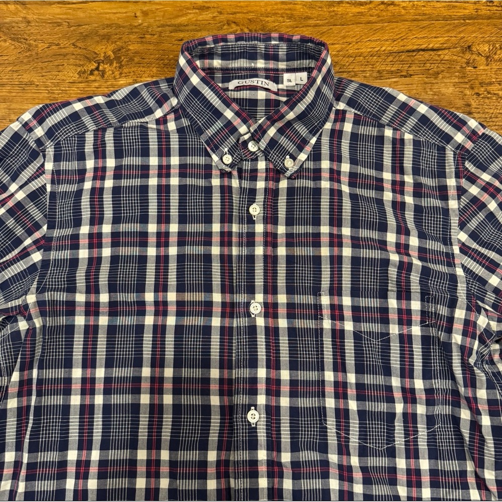 Gustin Blue USA Plaid Preppy Casual Dress Long Sleeve Button Down Shirt Men's L